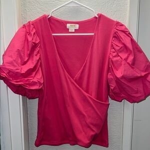 Maeve by Anthropologie Fuchsia Puff-Sleeve Faux Wrap Top